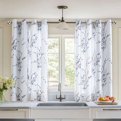 MYSKY HOME Navy Blue Floral Curtains 45 Inch Length for Kitchen Living Room | Light Filtering Thermal Insulated Flower Printed Window Drapes for Bedroom Dining Room, Each Panel 52" W, 2 Panels, Grommet - color: A-navy Blue, size: 52"W x 45"L (Pack of 2)