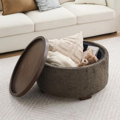 Zihanhome 30" Round Chenille Storage Ottoman Coffee Table with Removable Tray Top, Large Hidden Storage Ottoman, Solid Wood Legs for Living Room, Bedroom, Apartment (Dark Brown) - color: Dark Brown