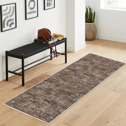 Modern Runner Rug 2.5x8 Stain Resistant Washable Kitchen Runner Carpet ith Rubber Backing Low Pile Contemporary Solid Color Entryway Mat Ultra Soft Rug for Living Room Bedroom, Brown - color: Brown, size: 2'6" x 8' (Runner)