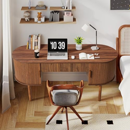 Home Office Oval Desk with Sliding Tambour Door and Drawer, Modern Fluted Wood Executive Computer Storage Desk for Study, Living Room, Bedroom, Office - Walnut - color: Walnut