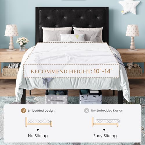 SHA CERLIN Twin Size Metal Bed Frame with PU Tufted Headboard, Black | Modern Design Heavy-Duty Platform Bed, No Box Spring Need, PU Leather Upholstery, Noise Free, Easy Assembly - color: Black, size: Twin