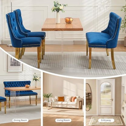 Blue Velvet Dining Bench with Back, Tufted Banquette Seating, Gold Legs | Upholstered loveseat bench; tufted back; nailhead trim; 500 lb capacity; foam and spring seat; dining room or entryway - color: Blue(gold Stainless Steel Legs)