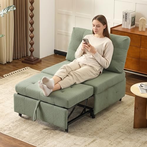 VINGLI Convertible Sofa Bed Tufted Teddy Fleece Sleeper Chair Bed Couch Armless Living Room Chairs with Adjustable Backrest Pull Out Couch Bed for Small Spaces - color: Light Green
