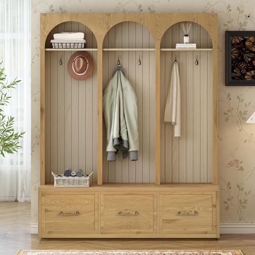 JIVOIT Farmhouse Hall Tree with Three Arched Design, All-in-One Design Wooden Coat Rack & Shoe Organizer with 3 Drawers, 59" Wide Entryway Bench with 8 Retro Hooks for Mudroom, Living Room - color: Oak//538