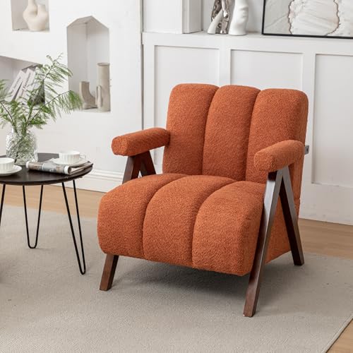 Mid Century Modern Accent Chair with Solid Wood Frame, Boucle Upholstered Living Room Chairs with Thick Cushion, Comfy Tufted Arm Chair for Bedroom, Orange - color: Orange, size: 1-seater