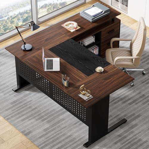Tribesigns 63 Inch Executive Desk with File Cabinet, L Shaped Office Desk | Large Office Desk with File Drawer, L Shaped Desk with Storage Shelf, Business Furniture for Home Office, Dark Walnut - color: Black and Dark Walnut