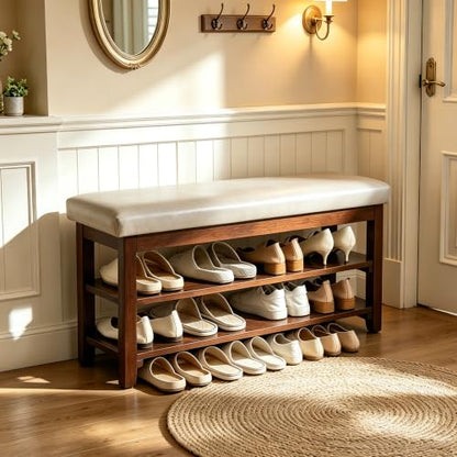 40" Entryway Bench, Shoe Storage Bench, Grey | Leather Cushion, Shoe Rack, End of Bed Bench for Front Door Entrance, Mudroom - color: Grey