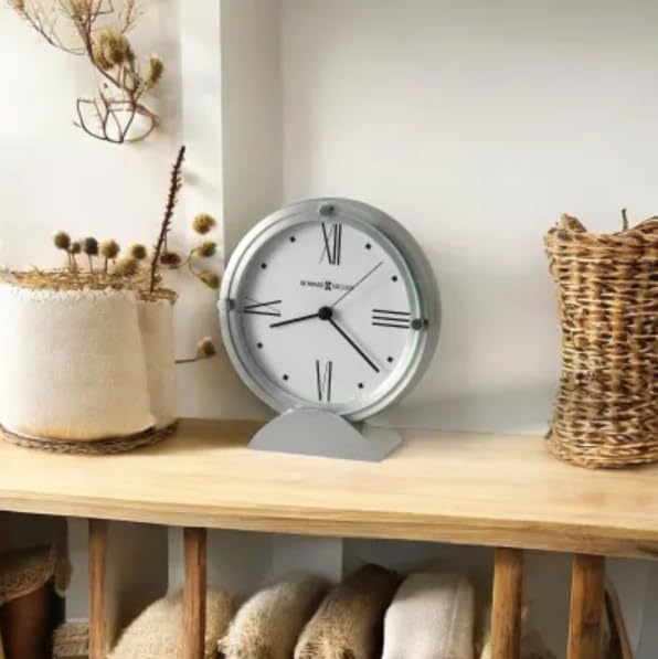 Howard Miller Simon II Tabletop Clock – Brushed Aluminum Finish, White Dial, Roman Numerals, Flat Glass Crystal, Interior Light