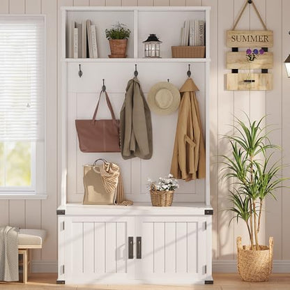 IDEALHOUSE 76" Hall Tree with Bench and Shoe Storage, Farmhouse 4-in-1 Entryway with Coat Rack & 5 Tri-Hooks, Adjustable Shelf, White Mudroom Bench with Storage Seating, Space Saving, White - size: 39"W