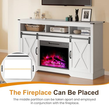 RoyalCraft Farmhouse Fireplace TV Stand, Entertainment Center for 65+ Inch TV with 23" Electric Fireplace, Modern Rustic TV Console with Sliding Bar Door for Living Room, White - color: White-2, style: Electric Fireplace Included