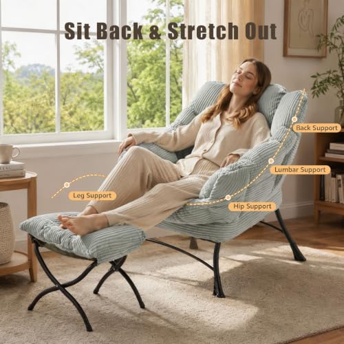 Lazy Chair with Ottoman, Modern Skinny Lounge Chair with Footrest | Foldable Footrest, Padded & Backrest with Side Pocket, Comfy Accent Reading Chair for Living Room & Small Spaces, Green - color: Light Green