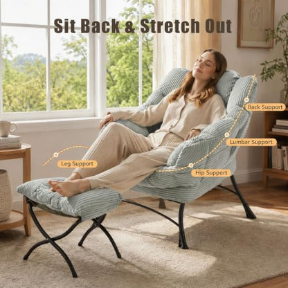 Lazy Chair with Ottoman, Modern Skinny Lounge Chair with Footrest | Foldable Footrest, Padded & Backrest with Side Pocket, Comfy Accent Reading Chair for Living Room & Small Spaces, Green - color: Light Green