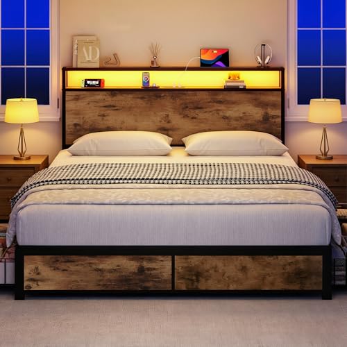 Lifezone Queen Bed Frame with 2-Tier Storage Headboard, Metal Platform Bed Frame with 4 Storage Drawers, Built in Charging Station & LED, Noise-Free/Metal Support/No Box Spring Needed,Rustic Brown