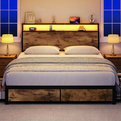 Lifezone Queen Bed Frame with 2-Tier Storage Headboard, Metal Platform Bed Frame with 4 Storage Drawers, Built in Charging Station & LED, Noise-Free/Metal Support/No Box Spring Needed,Rustic Brown