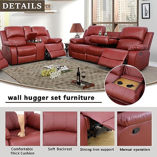 A Ainehome Living Room Furniture Set Leather Recliner Sofa Set Loveseat Chair Furniture Sofa Set for Living Room/Small Space/Rv/House/Office/Theater Seating (A-Red Leather, Sofa+Loveseat) - color: A-red Leather, size: Sofa+Loveseat
