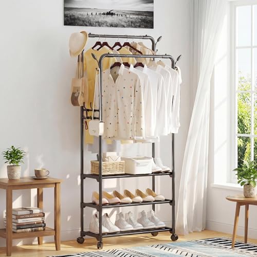 Double Rod Rolling Metal Clothes Rack | Freestanding Garment Organizer With Wheels, Hooks & Shelves, Multi-Functional Storage For Shoes, Clothes & Bags, Ideal For Bedroom Laundry Living Room