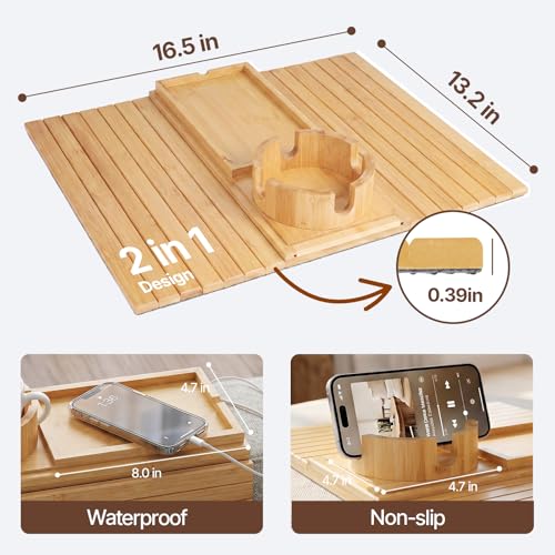 Bamboo Sofa Armrest Tray, Foldable Couch Arm Tray Side Table, 2 in 1 Anti-Falling Armrest Tables Cup Holder for Snacks, Drinks, Beers, Phone, Control, Flexible and Portable, Anti-Slip - color: Bamboo