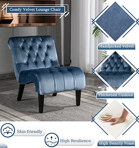 Comfy Velvet Accent Chair Set of 2, Tufted Armless Chair with Rolled Edge | Modern Small Lounger for Living Room, Upholstered Reading Chaise Lounge with Solid Rubber Wood Legs, Light Blue - color: Blue, size: Set of 2