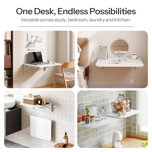 HOOBRO Folding Table, Wall Mounted Desk, Floating Wall Desk with Iron Bracket, Drop Leaf Table for Small Spaces, for Kitchen, Laundry Room, Home, Office, White WT054BZ01 - color: White