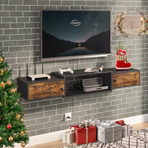 HOOBRO 55" Floating TV Stand with Power Outlet, Modern Wall Mounted Media Console Shelf Cabinet for Under TV Storage, Entertainment Center, Living Room, Bedroom, Rustic Brown and Black BF11DS01 - color: Rustic Brown + Black
