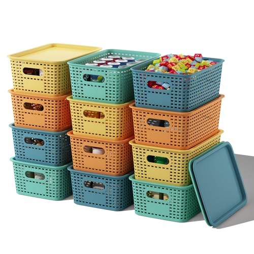 ORGIDOL Plastic Storage Basket with Lids 12 Pack Stackable Colorful Storage Bins Containers with Lid, Decorative Storage Boxes for Organizing Shelves, Drawers, Playroom, Classroom, Office, Closet - color: Colorful, size: 12 Pack