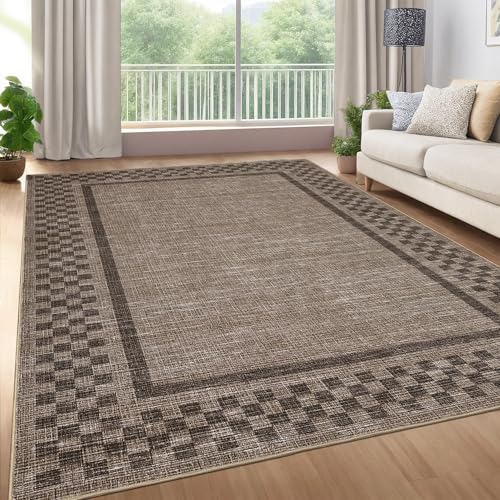 GarveeHome Small Bedroom Area Rug 3x5 Checkered Area Rug for Living Room | Nursery Non Slip Kitchen Throw Carpet Low Pile Modern Bordered Rugs Washable Brown Rugs for Laundry Entryway, Brown - color: Brown, size: 3' x 5' (Rectangular)