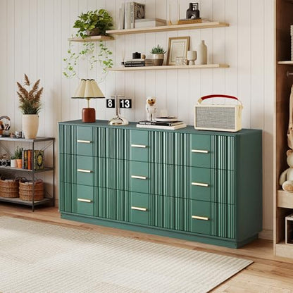 Fluted 9 Drawer Dresser,59"Wide Modern Chest of Drawers with Sturdy Base,Wood Closet Organizers,TV Stand,Storage Dresser with 9 Deep Drawers for Bedroom Living Room Hallway Entryway Nursery(Green) - color: 47" Wide Walnut