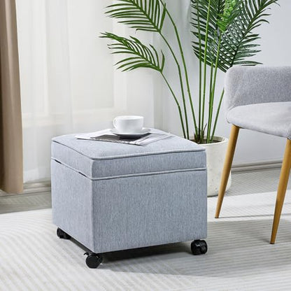 17" Square Storage Ottoman with Wheels, Upholstered Linen Movable Cube Footrest & Extra Seat with Flip Top for Living Room, Bedroom, Blue Grey - color: Blue Grey With Wheels