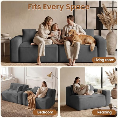 FiveWillowise 100" Cloud Boneless Modular Sectional Sofa,Grey | 2-Seater Loveseat with 24.69"Deep Seat,Floor Couch–Comfy Foam Upholstered Sofa for Living Room,Bedroom,Apartment,Chenille - color: Grey