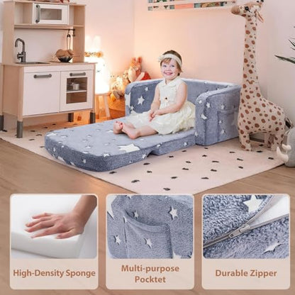 Foryoomi Extra Wide Kids Couch, 2-in-1 Soft Couch with Blanket, Glow in The Dark, Comfy Chair with Cloud Pillow, Convertible Sofa, Star - color: Grey Star