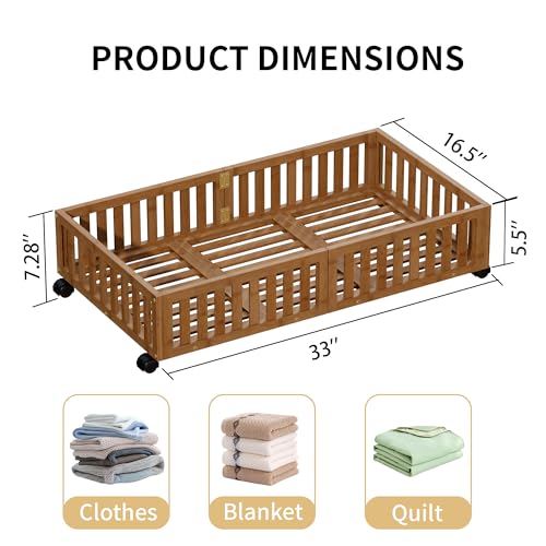Under Bed Storage with Wheels, 2 Pcs Bamboo Drawers for Clothes and Toy | 360° wheels glide smoothly. Sturdy bamboo frames hold clothes, shoes, bedding and toys. Easy pullout access keeps rooms tidy - color: Walnut, size: 2 PCS (33.07"×16.54")