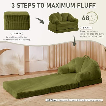 wanan Folding Sofa Bed, 3-in-1 Convertible Boneless Couch with Handle, Floor Lounger & Sleeper Chair for Adults, Comfy Folding Couch Single Sofa for Living Room Bedroom, Green - color: Green