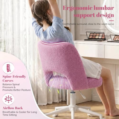 DurayLoly Vanity Chair with Wheels & Open Back,Light Purple | Soft Teddy Fabric, Armless, 6" Thick Cushion, Height Adjustable, 300 lbs, 360° Swivel for Vanity Table, Home Office - color: Light Purple