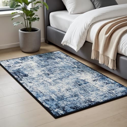 Rugflix 2x4 Entrance Rugs, Washable Navy Blue Dark Entry Small Rug | Machine Washable; Stain-Resistant; Low Pile; Non-Slip; Modern Abstract; Black Carpet for Entryway Kitchen Hallway Home - color: 01-ocean Blue, size: 2' x 4' (Rectangular)