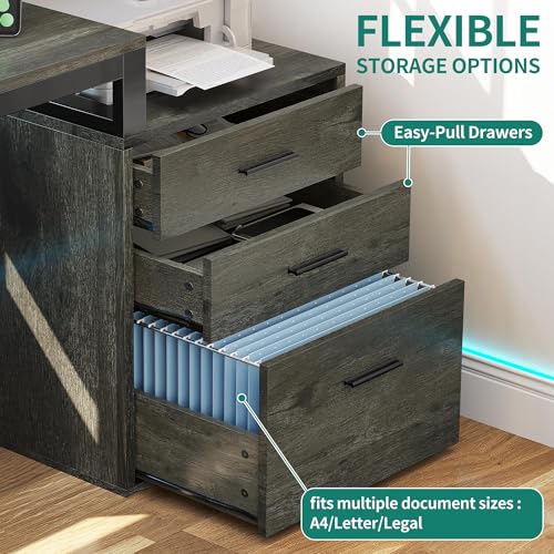 YITAHOME L Shaped Desk with 3 Drawers | 3 Drawers, Power Outlets & LED Lights, File Cabinet & Printer Stand, For Home Office - color: Grey
