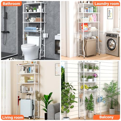 Over the Toilet Storage shelf, 4-Tier Bathroom Organizer Rack, Easy To Install with Adjustable Feet Pad and Basket Freestanding Bathroom Shelves Above Toilet, Space Saver Toilet Storage Cabinet(White) - color: White