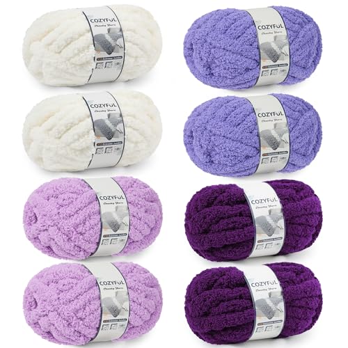 Cozyful Chunky Yarn for Hand Knitting - #10 Chunky Chenille Yarn, Jumbo Big Thick Chunky Yarns for Crocheting, Super Bulky Chunky Knit Blanket Yarns, 8 Skein (22yd, 8oz/Skein), Cream & Multi Purple - color: Cream & Lavender & Purple & Dark Purple