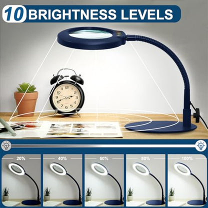 IVMAIE 12X Magnifying Glass with Light, Real Glass Lens, 5 Color Modes Dimmable, Flexible Gooseneck Lighted Magnifier with Stand, LED Desk Lamp Hands Free for Crafts Painting Reading Close Work, Blue - color: Blue