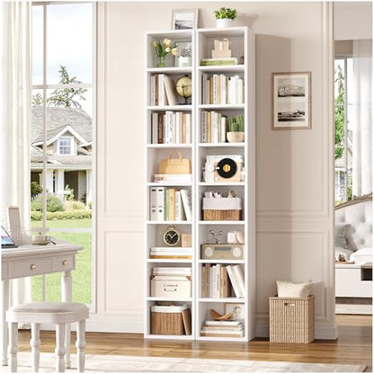 FOTOSOK 2 Pcs 71'' Tall Narrow Bookshelf, 8-Tier Media Tower Rack Set of 2 | CD DVD Storage Cabinet with Adjustable Shelves, Tall Narrow Bookcase Skinny Display Bookshelf Slim Shelf, White - color: White