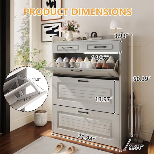 Lakifun Narrow Shoe Organizer Cabinet with 3 Large Flip Drawers & 2 Storage Drawers - Slim Shoe Storage for Entryway, Hallway, Bedroom, Apartment, Light Gray - color: Light Gray