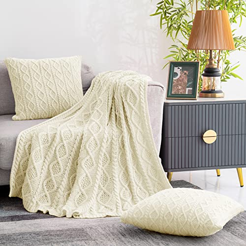 Homiest Cream White Cable Knit Throw Blanket Set of 3, with 2 Pillow Covers | Pure Acrylic, Lightweight & Breathable, All-Season Use, Machine Washable, Wrinkle & Fade Resistant, for Couch Bed And Sofa - color: Cream White, size: 50 x 60 Inch Blanket & 18