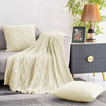 Homiest Cream White Cable Knit Throw Blanket Set of 3, with 2 Pillow Covers | Pure Acrylic, Lightweight & Breathable, All-Season Use, Machine Washable, Wrinkle & Fade Resistant, for Couch Bed And Sofa - color: Cream White, size: 50 x 60 Inch Blanket & 18