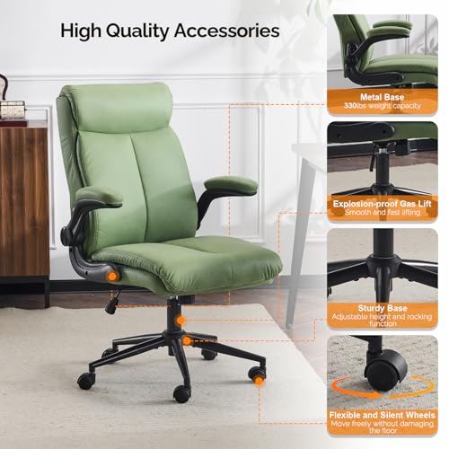 VINGLI Rolling Ergonomic Office Desk Chair with Padded Flip-up Arms, 360° Swivel High Back Executive Computer Task Chair with Wheels for Game,Home Small Space, Study Room, Reading Room,Pu Green - color: Leather-green