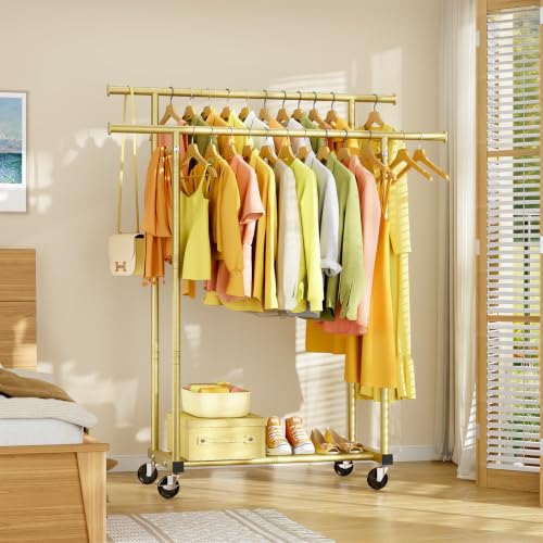 HYSEYY Double Rods Clothes Rack, Sturdy Rolling Clothing Rack, Portable Clothing Racks for Hanging Clothes - Metal Garment Rack Wardrobe Coat Rack for Bedroom Laundry Living Room, Light Gold - color: Light Gold