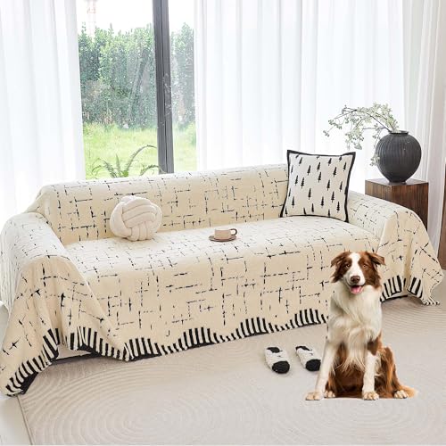 Sherpa Fleece Couch Cover for 2 Cushion Sofa, Beige, 71" x 118" – Pet Proof Sofa Covers, Heavy Duty, Scratch Resistant, Pet Friendly Furniture Cover – Easy Install, Machine Washable - color: Stripe 2 White, size: 71" x 118"