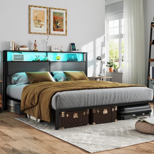 RVONOW King Size Bed Frame with 2-Tier Storage Headboard, Dark Grey | Wooden headboard with LED lights, built-in charging station, No Box Spring Needed, Noise Free, Easy Assembly, Modern Bedroom - color: Dark Grey, size: King