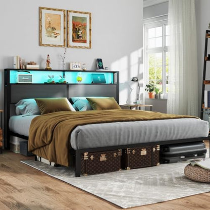 RVONOW King Size Bed Frame with 2-Tier Storage Headboard, Dark Grey | Wooden headboard with LED lights, built-in charging station, No Box Spring Needed, Noise Free, Easy Assembly, Modern Bedroom - color: Dark Grey, size: King
