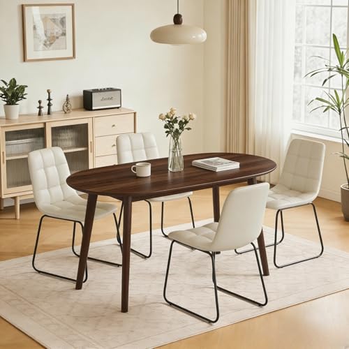 63" Oval Dining Table Set for 4 with Solid Wood Legs | 5 Piece Walnut Dining Table Set for Kitchen and Dining Room Furniture, 4 Beige Dining Chairs, Mid Century Modern - color: Walnut Table C-beige Chairs