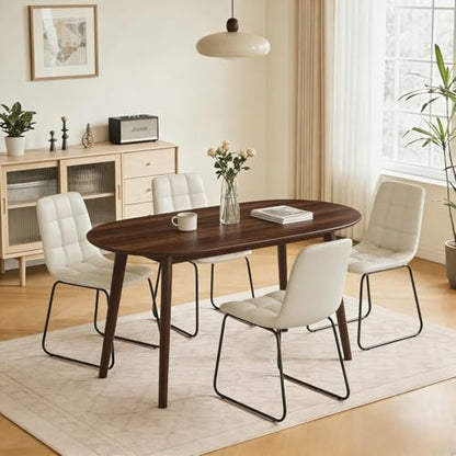 63" Oval Dining Table Set for 4 with Solid Wood Legs | 5 Piece Walnut Dining Table Set for Kitchen and Dining Room Furniture, 4 Beige Dining Chairs, Mid Century Modern - color: Walnut Table C-beige Chairs