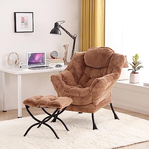 Modern Large Accent Lounge Chair with Ottoman, Leisure Sofa Armchair with Footrest, Reading Chair for Bedroom, Living Room, Dorm Rooms, Garden and Courtyard - color: Plush-brown